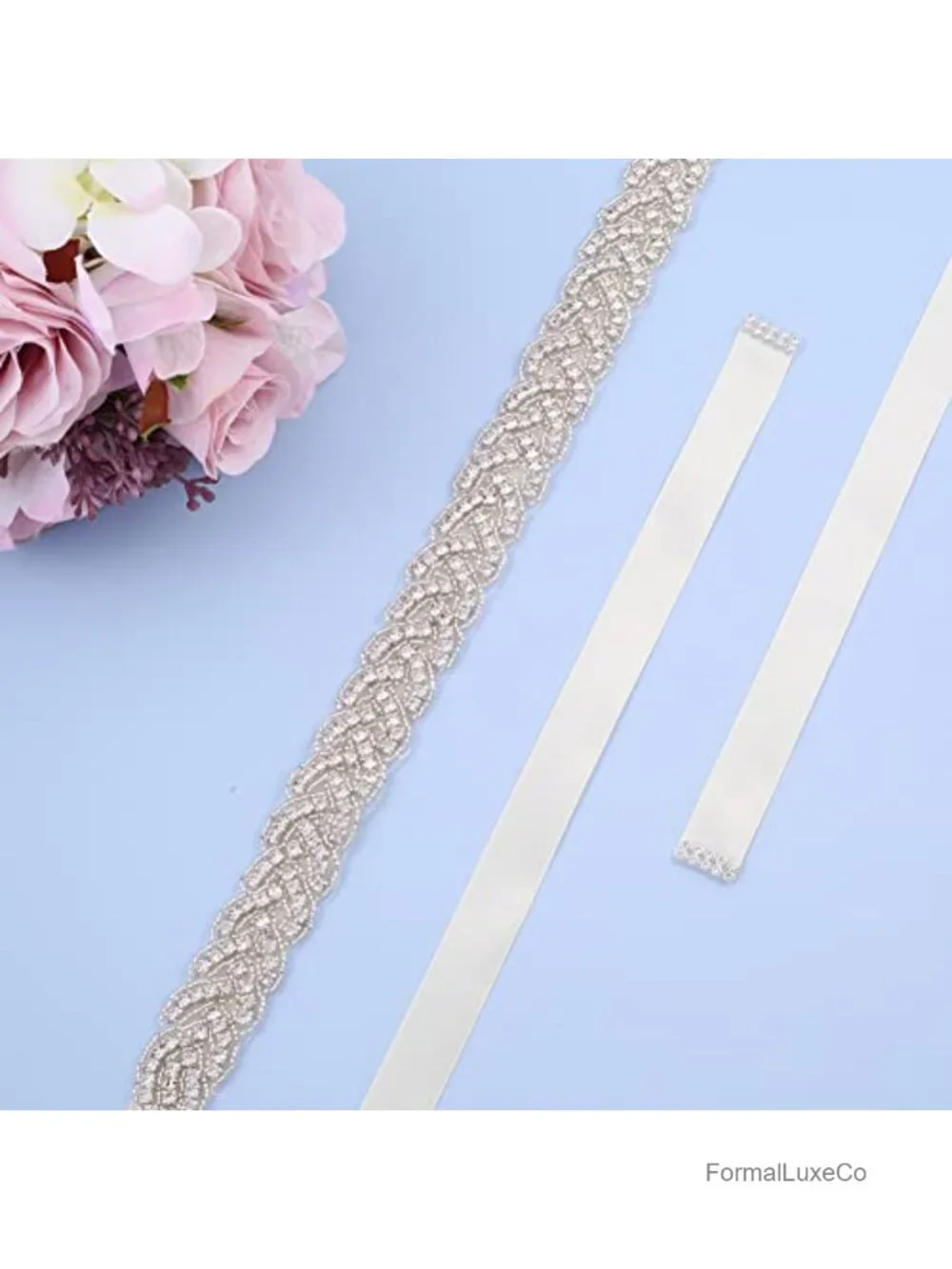Crystal Rhinestone Bridal Sash Belt with Satin Ribbon Tie Handmade Wedding Belt